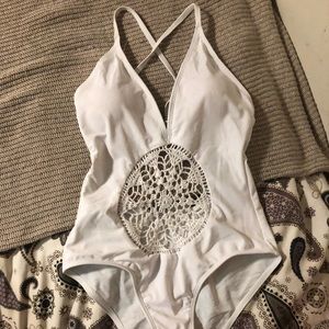 White knit one piece bathing suit